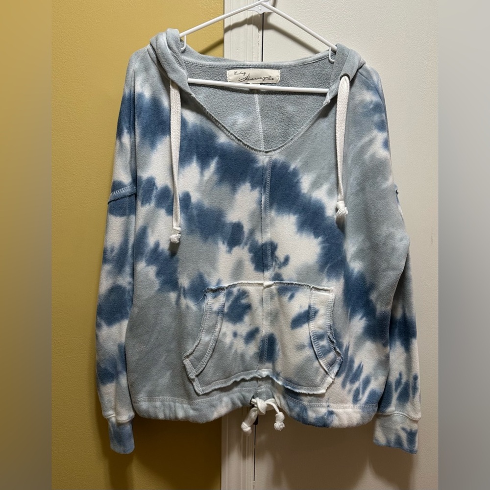 Vintage Havana Blue/Grey/White Oversized Tie-Dye V Neck  Hoodie Sweatshirt (S)